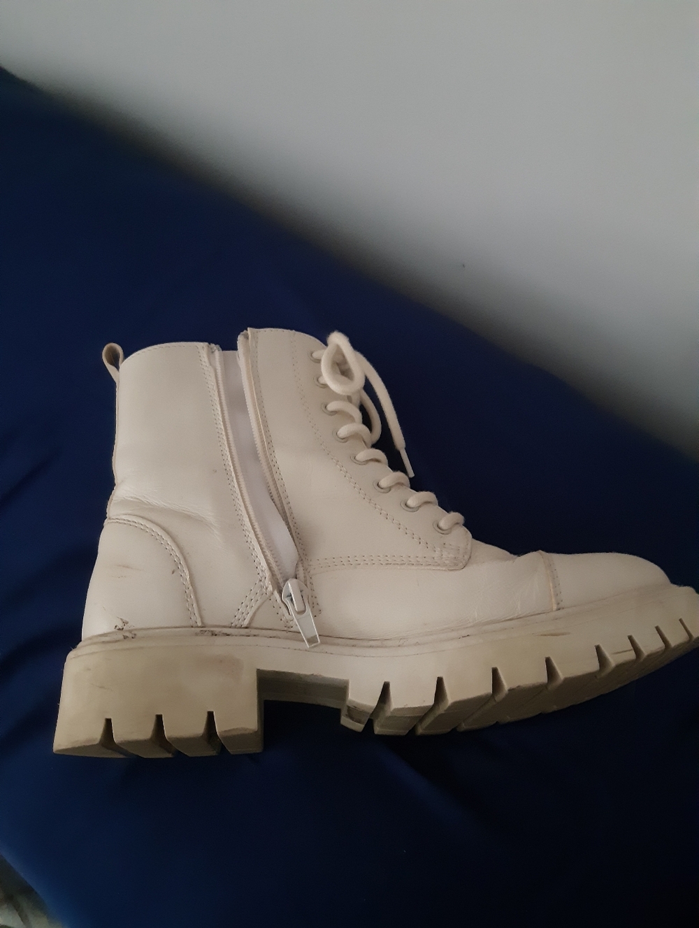 Cream Lace-Up Side-Zip Combat Boot